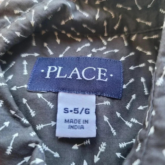 Place Button Up Shirt Boys Small 5-6 Arrow Print Long Sleeve Gray White Cotton - Picture 2 of 8